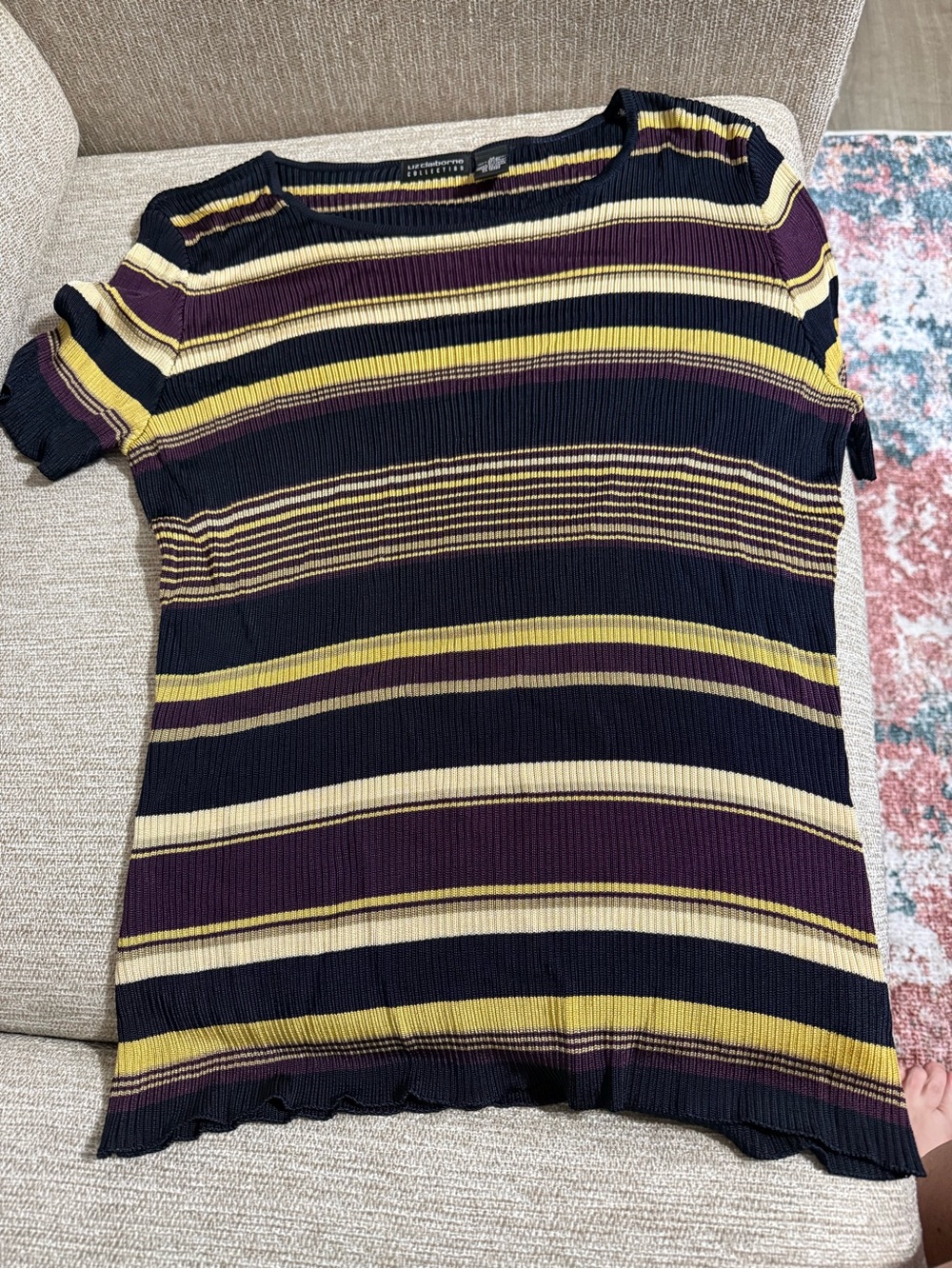 Claiborne Navy, Yellow & Cream Striped Ribbed Short-Sleeve Top